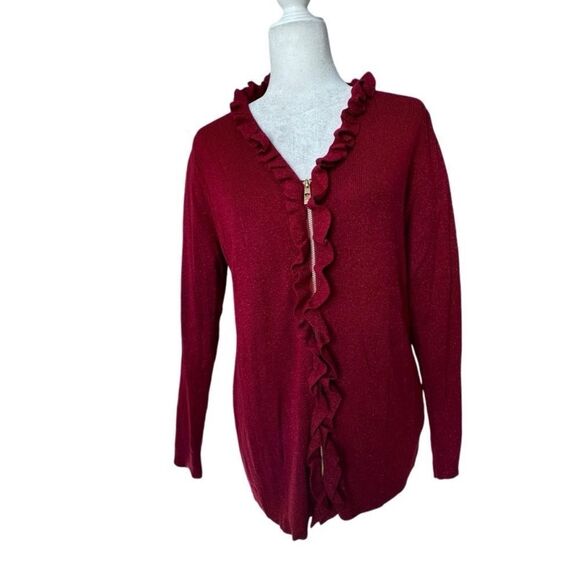 Belle by Kim Gravel Red Cardigan Metallic Thread Ruffle Zip Up SZ M NWT - Picture 2 of 16